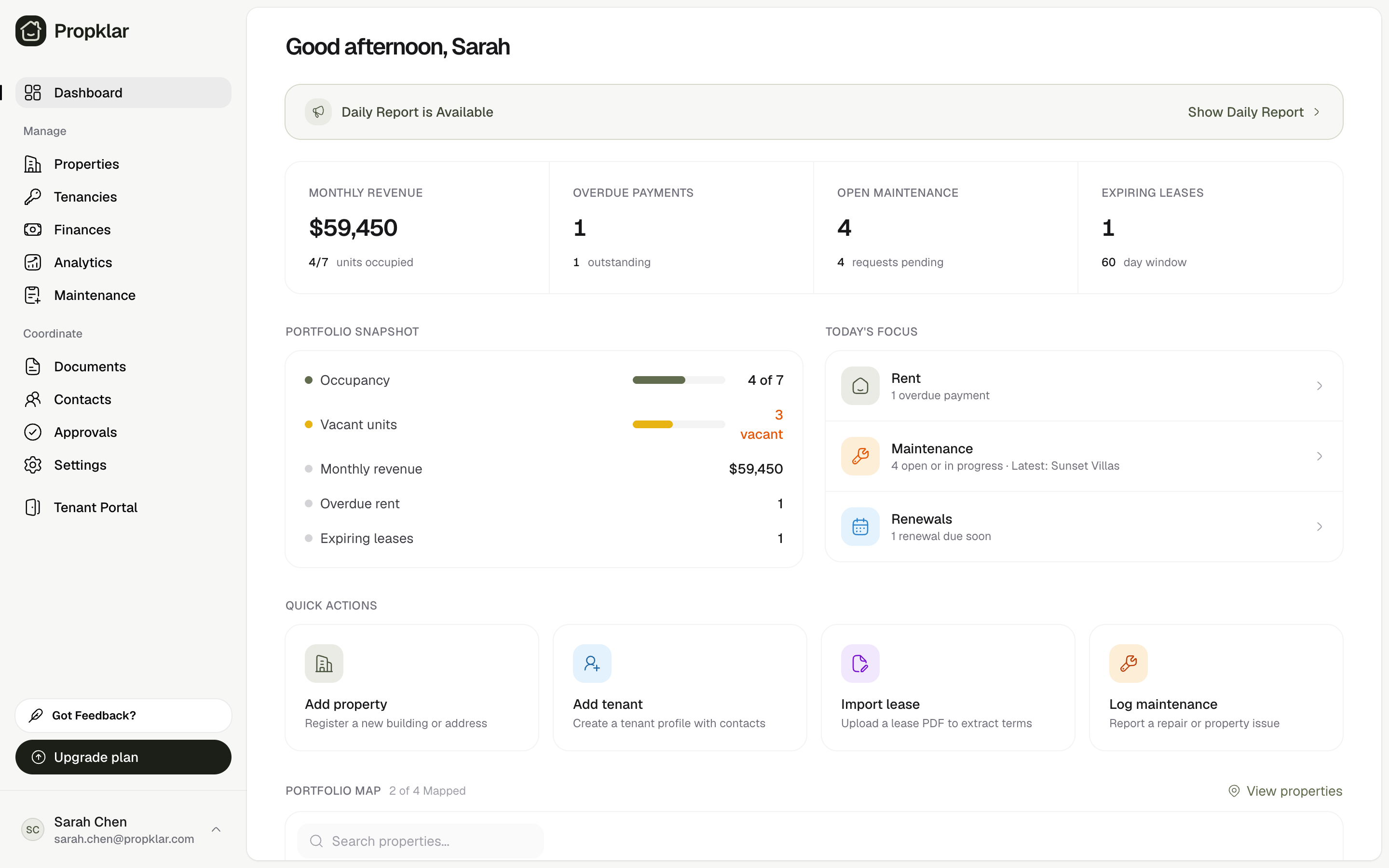 Propklar dashboard showing rent status across properties